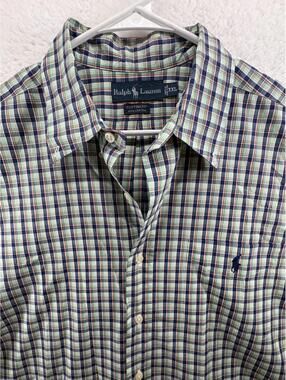 Ralph Lauren Blue Plaid Short Sleeve Button Up Shirt XXL Custom Fit 100% Cotton